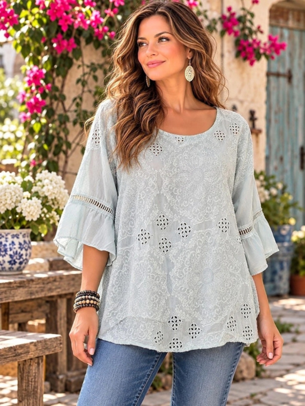 Johnny Was Eyelet Lace Ruffle Sleeve Blouse in Blue Like New L